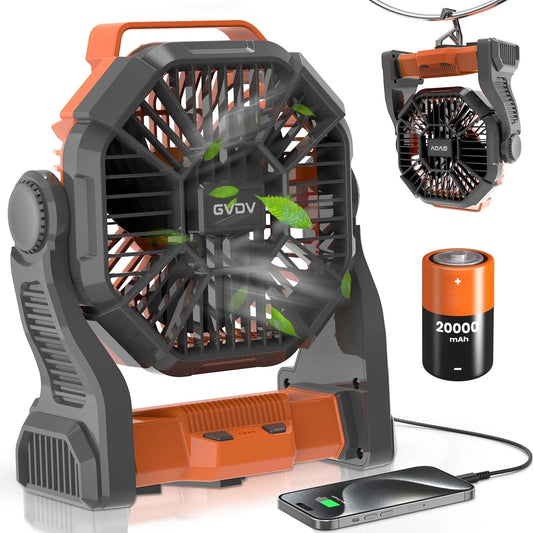 Camping Fan with LED Lantern, 20000Mah Portable Battery Operated Outdoor Fan, Personal Rechargeable Desk Fan for Travel, Hiking, Fishing, Picnic, Orange