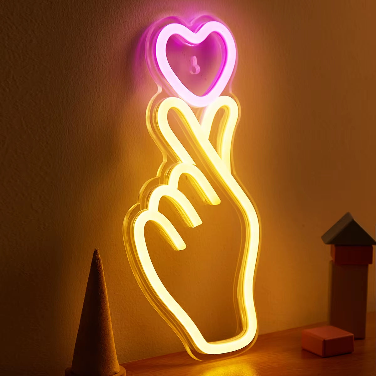 Chi-Buy LED Neon Hand+Heart USB Powered Neon Signs Night Light 3D Wall Art & Game Room Bedroom Living Room Decor Lamp Signs
